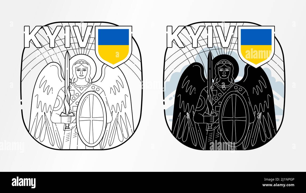 St. Michael the Archangel the Patron Saint of city of Kyiv, concept minimalist graphic art, symbol, two black and white edition, Ukraine flag colors - Stock Vector