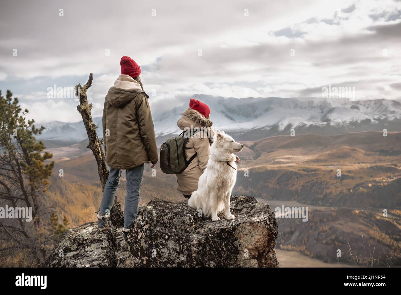 Two female hikers stands at mountain top with white dog and looks at the valley Stock Photo