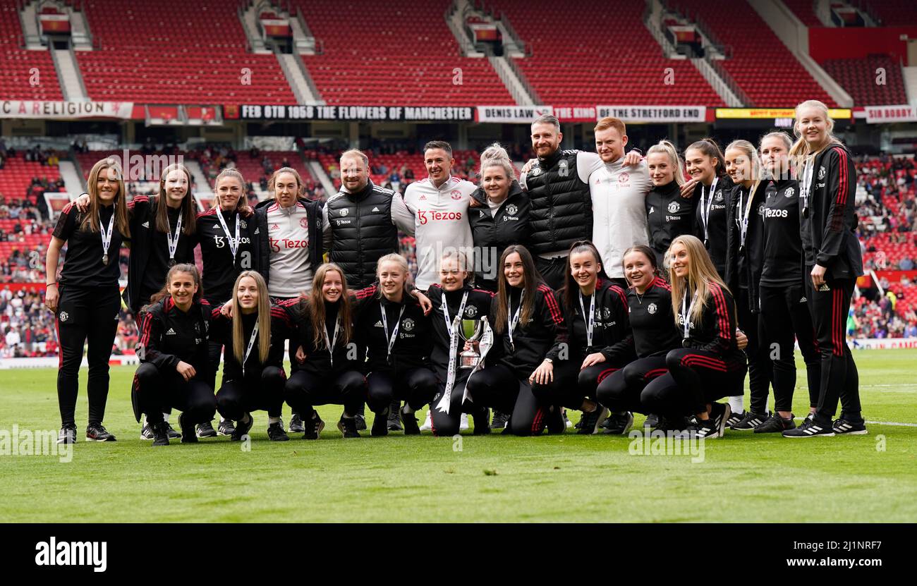 Manchester, UK. 27th Mar, 2022. Manchester Utd U21 team pose for a picture with the WSL Academy cup during the The FA Women's Super League match at Old Trafford, Manchester. Picture credit should read: Andrew Yates/Sportimage Credit: Sportimage/Alamy Live News Stock Photo