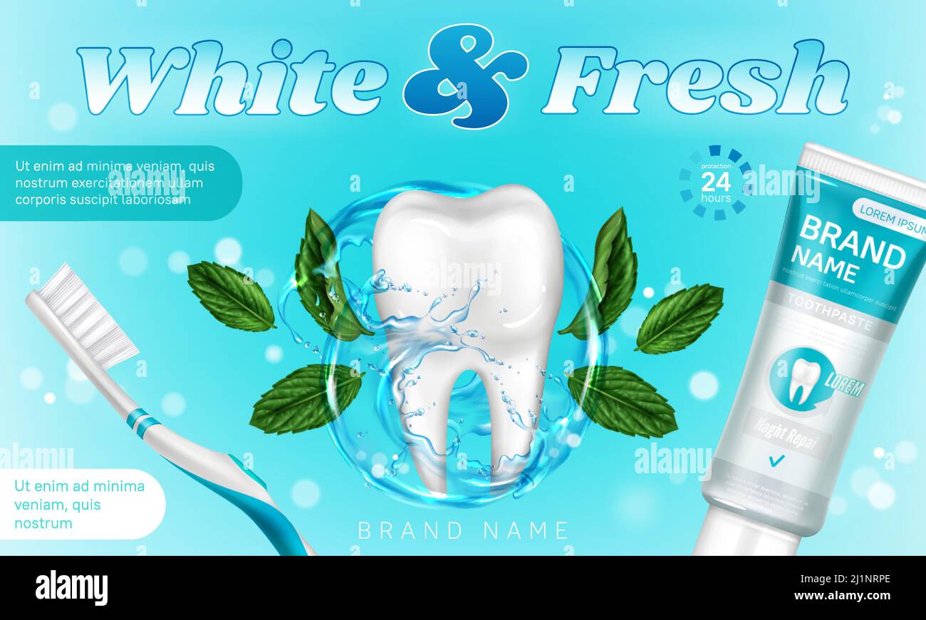 Toothpaste tube, brush and tooth in water splash with mint leaves