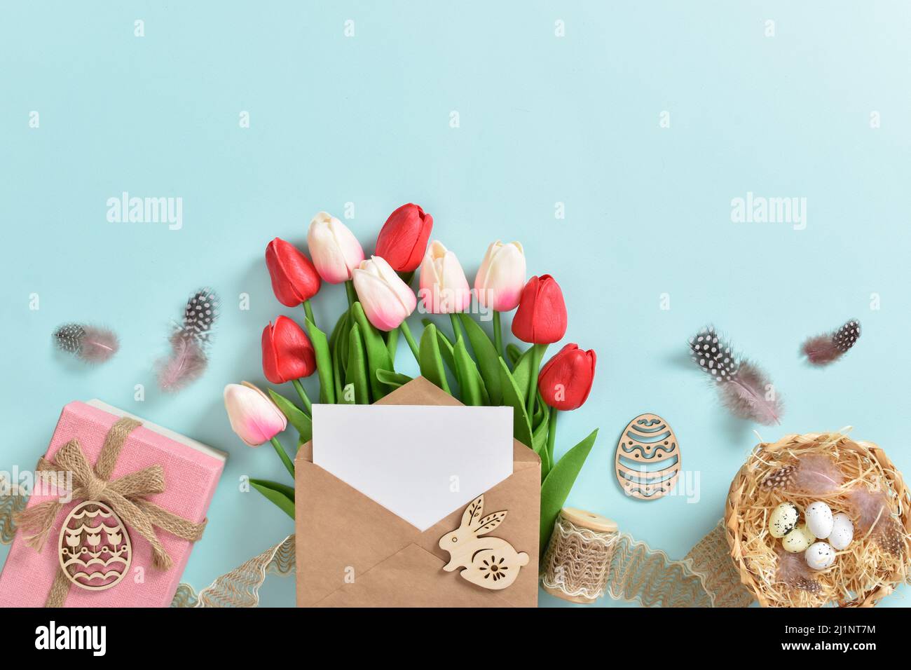 Banner for happy Easter. Space for copying. Flat position, top view. Stock Photo