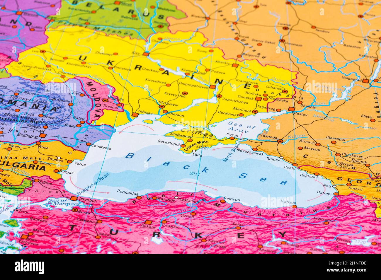 Istanbul, Turkey - March 27 2022: Map of Black Sea and Sea of Azov, Europe, European Union, with state borders, capital cities, rivers and seas, close Stock Photo