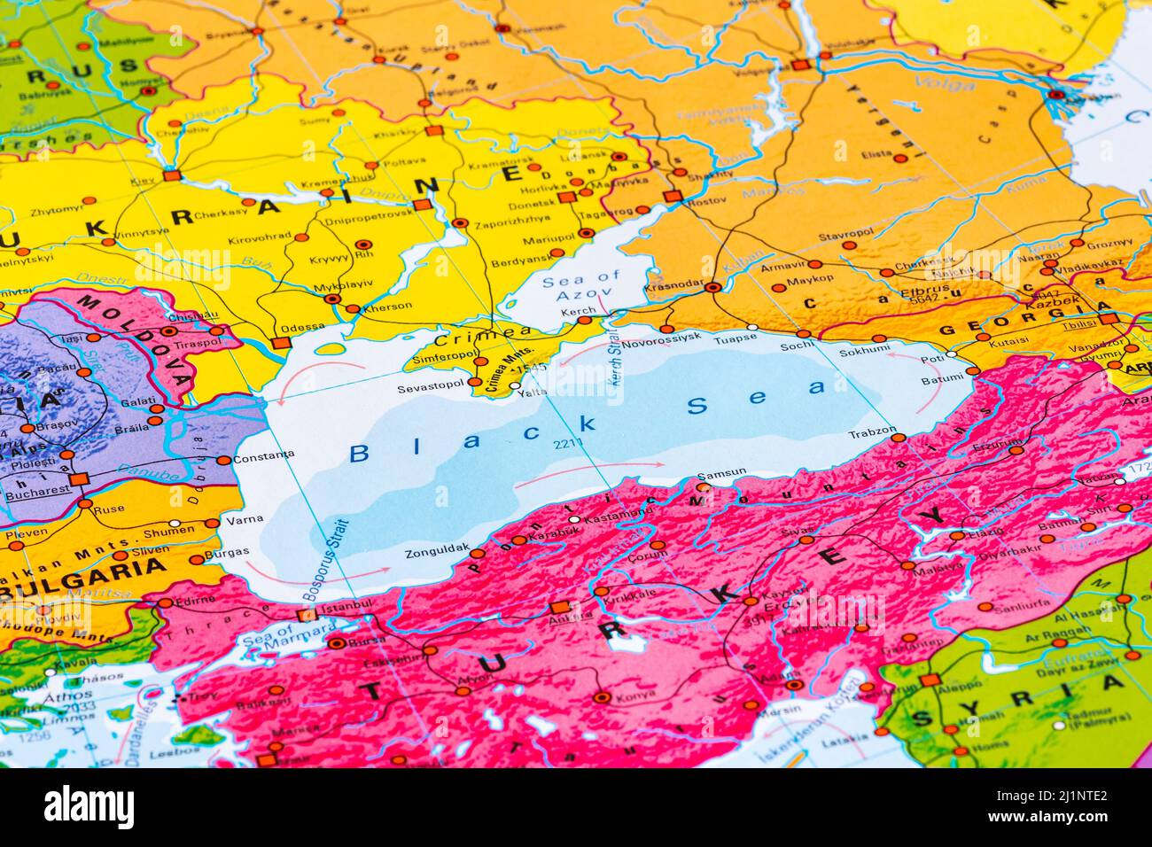 Istanbul, Turkey - March 27 2022: Map of Black Sea and Sea of Azov, Europe, European Union, with state borders, capital cities, rivers and seas, close Stock Photo