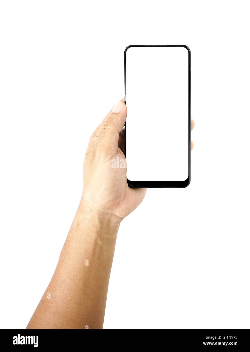 Man hand holding black smartphone isolated on white background ...
