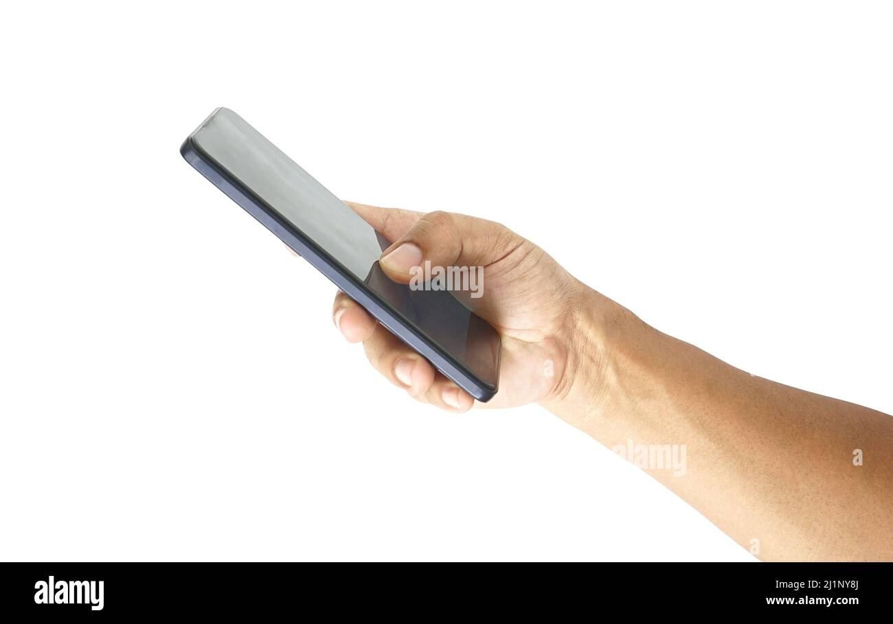 Man hand holding black smartphone isolated on white background ...