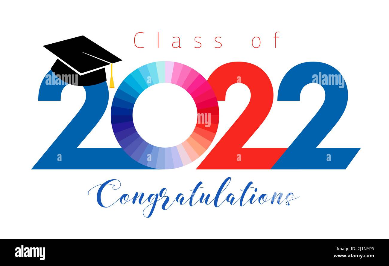 Class of 2022 year educational congrats. Class off happy holiday, invitating card. Red, blue and white colours, creative zero sign. Isolated abstract Stock Vector