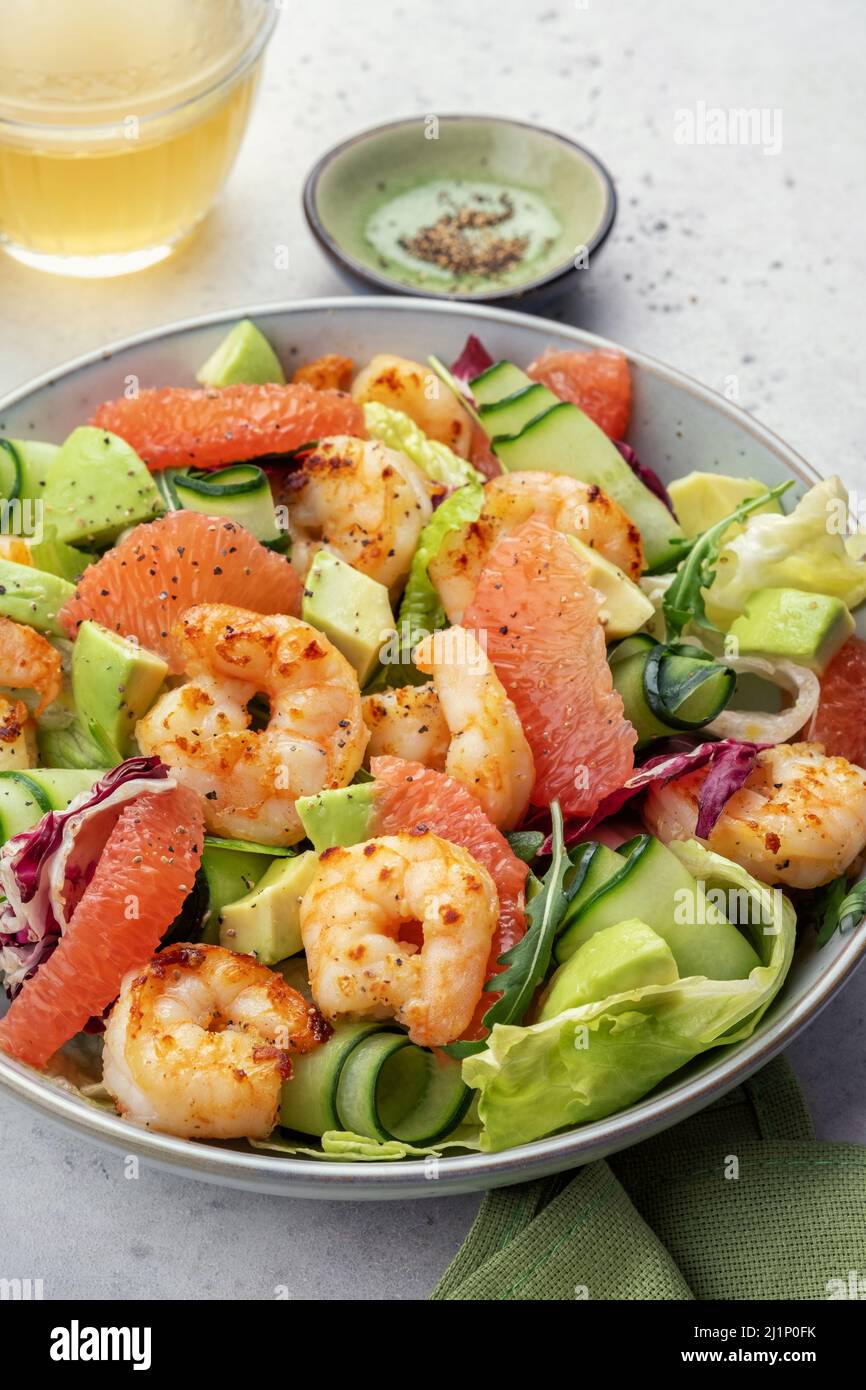 Visual Reference: Healthy Salad With Shrimp Prawns Grapefruit Avocado Cucumber And