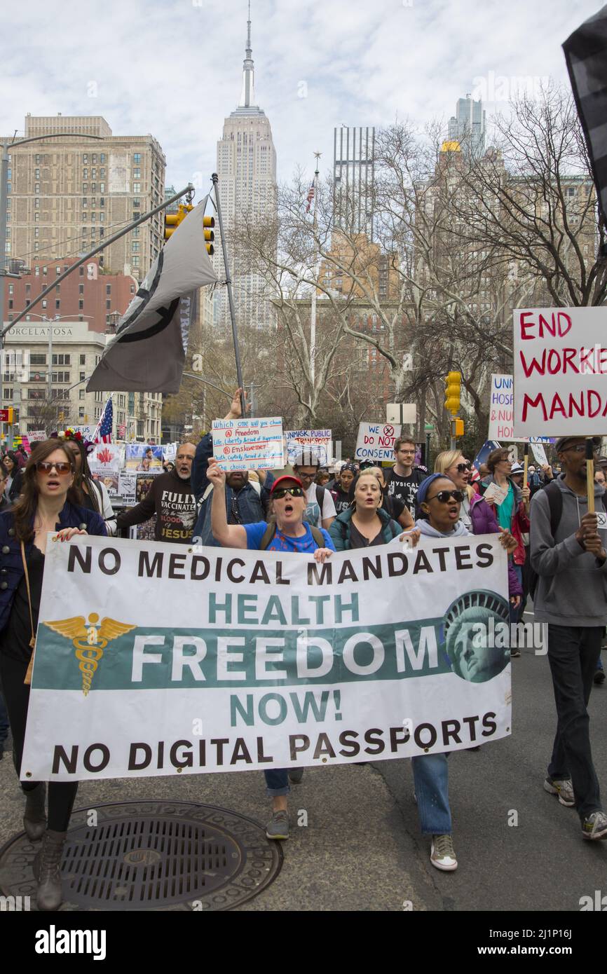 Energetic people in the 'Medical Freedom, No Vaccine Mandate' movement rally and march in New York City and other cities on March 19, 2022. Stock Photo