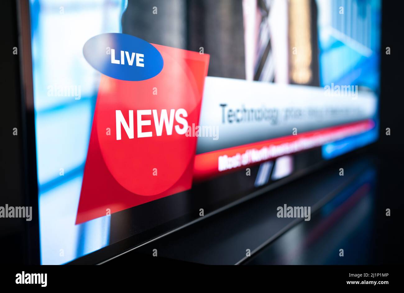 Tv news live broadcast and production concept. Breaking newscast on television. Screen close up of logo mockup, headline text and title banner graphic. Stock Photo