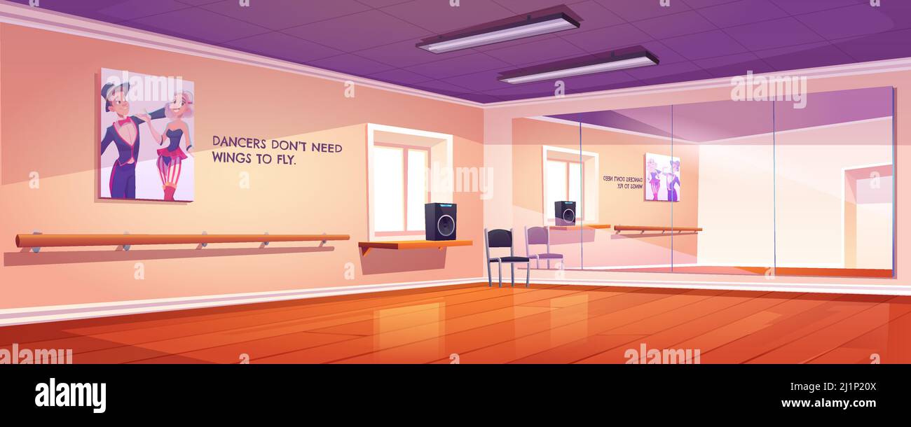 Dance studio, empty ballet class interior with mirrors and wooden floor. Rehearsal room for lessons with wall handrails and artist banners on wall, da Stock Vector
