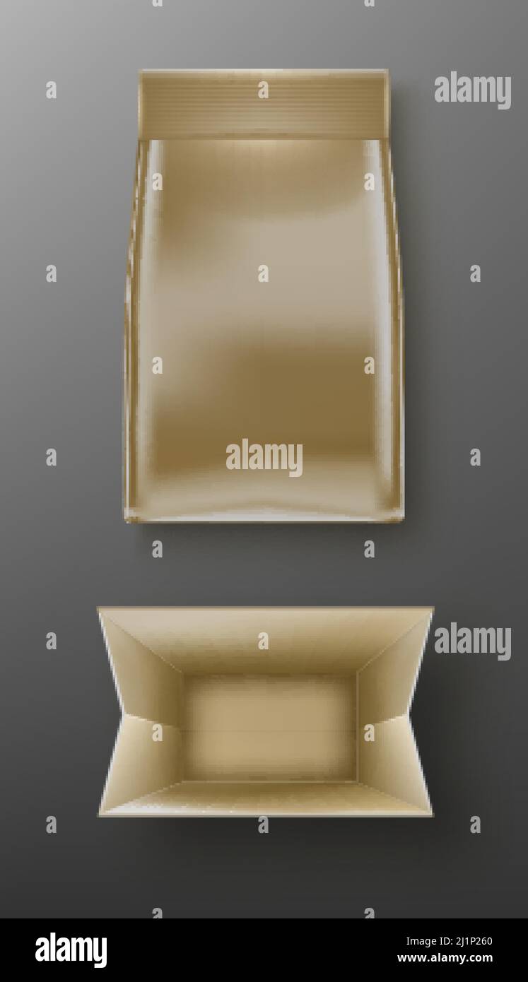 Brown craft doy pack, pouch paper or golden foil bag top and front view. Close and open sachet with clip isolated on grey background. Food, cosmetic p Stock Vector