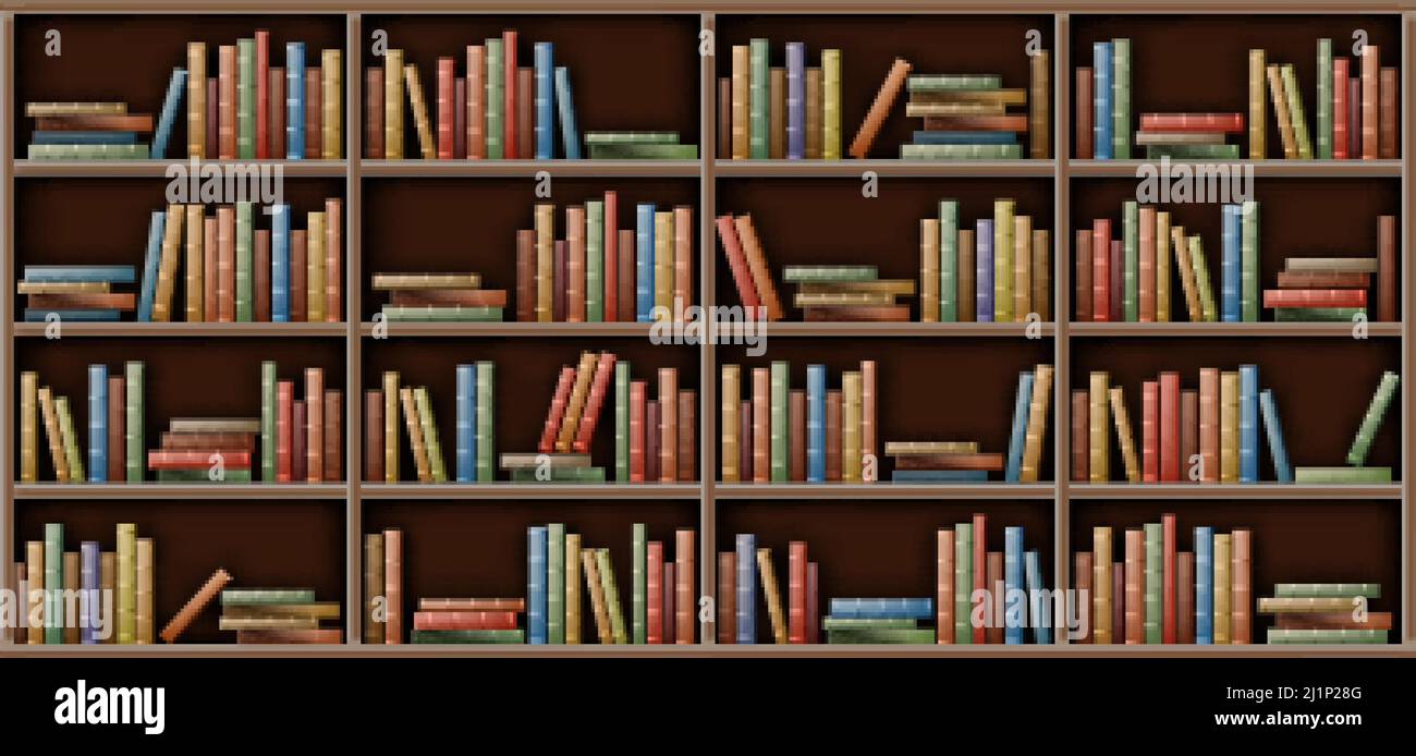 Bookshelf background, books on shelf in library, home, school or office