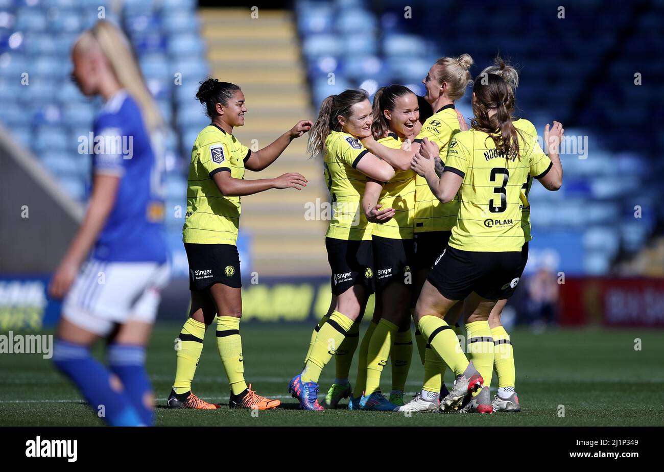 Chelsea's Guro Reiten (centre) celebrates with teammates after scoring their side's first goal
