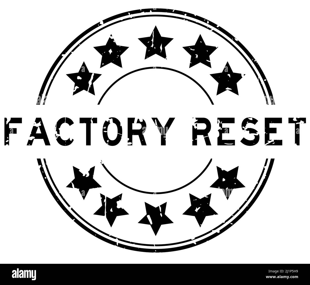 Grunge black factory reset word with star icon round rubber seal stamp ...