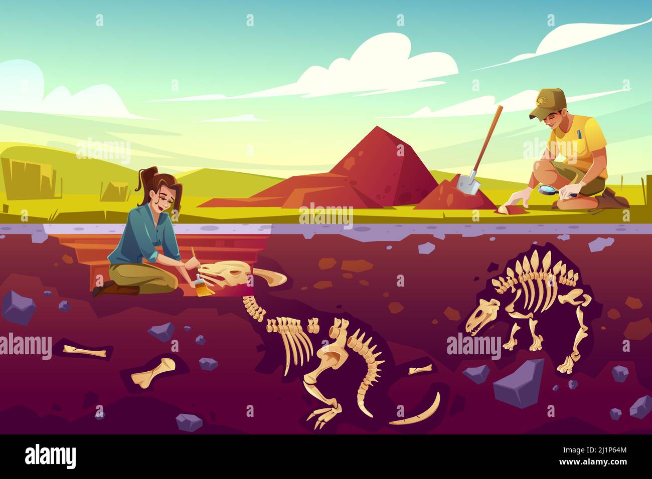 Archaeologists, paleontology scientists working on excavations digging
