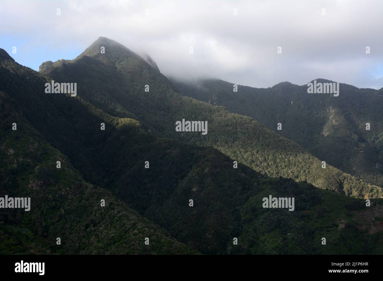 Anaga Rural Park and the Anaga Mountains above the Atlantic Ocean near Taganana, on the north coast of the island of Tenerife, Canary Islands, Spain. Stock Photo