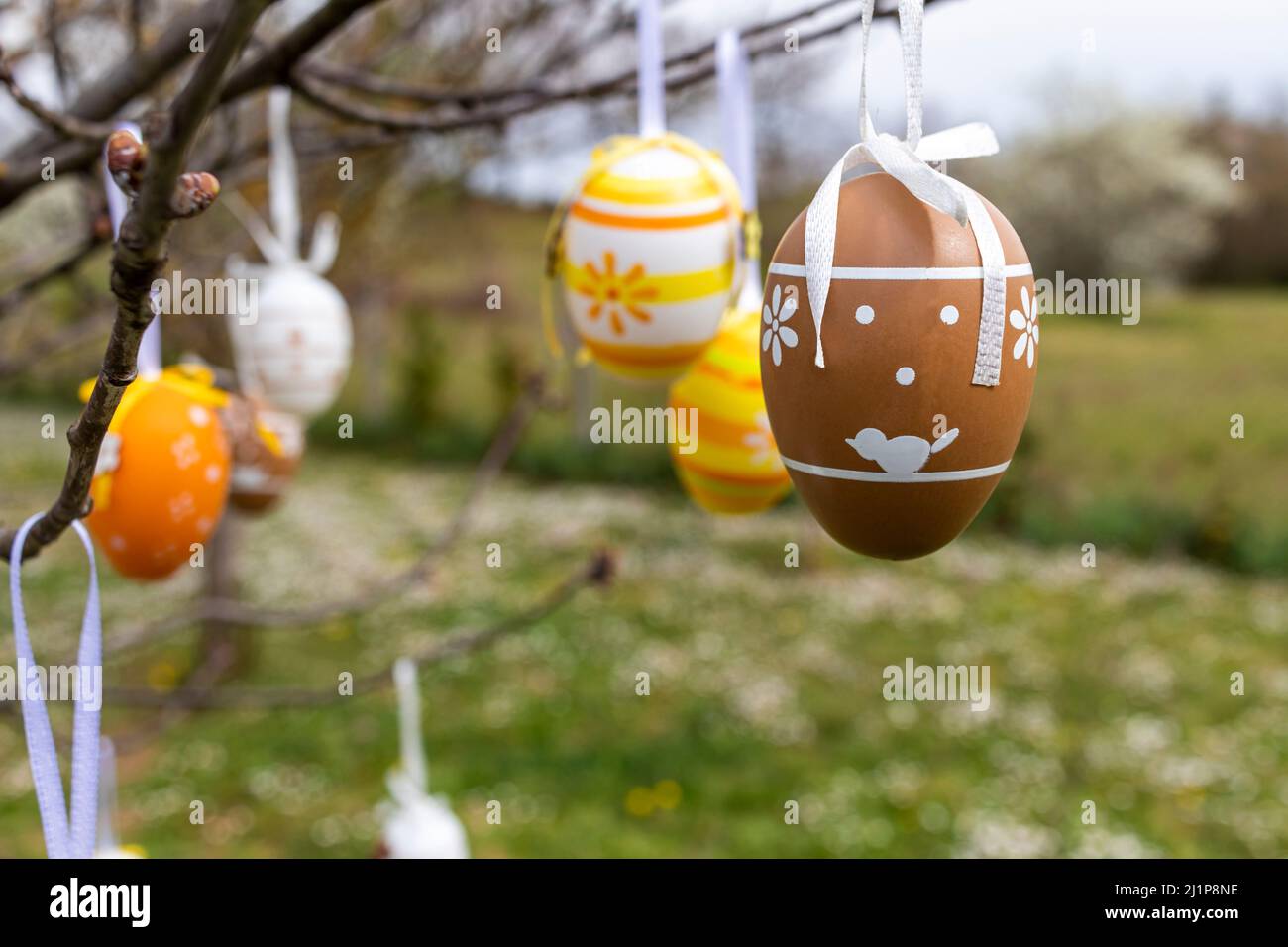 Happy Easter! Easter decorated eggs. Garden tree set up with multicolored Easter eggs. Stock Photo