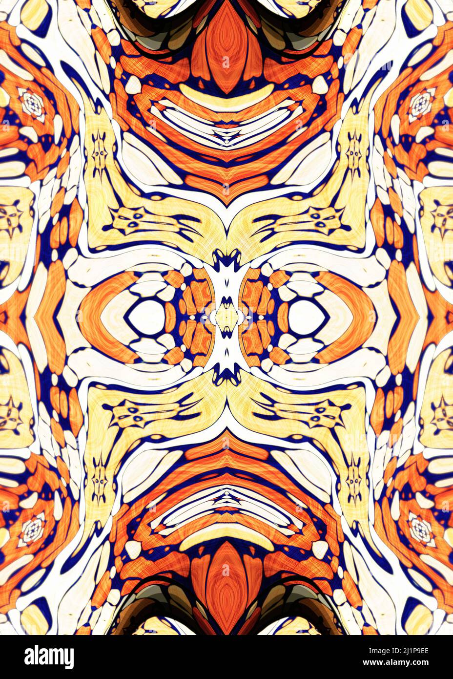 Evil demonic smiling creatures (heads, faces) inside a kaleidoscopic mandala painting. Retrowave vibes and colors. Stock Photo