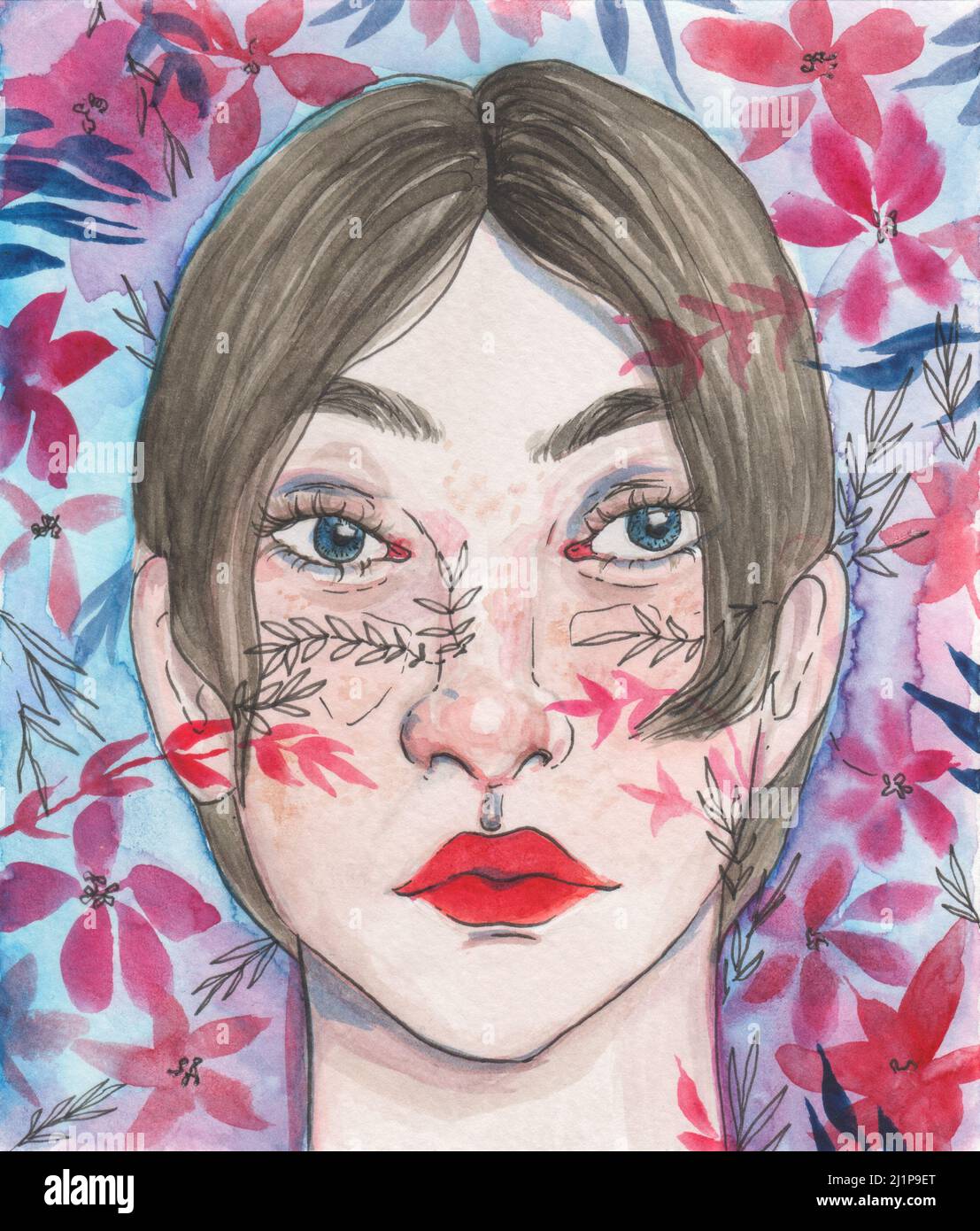 Beautiful young girl watercolor portrait Stock Photo - Alamy