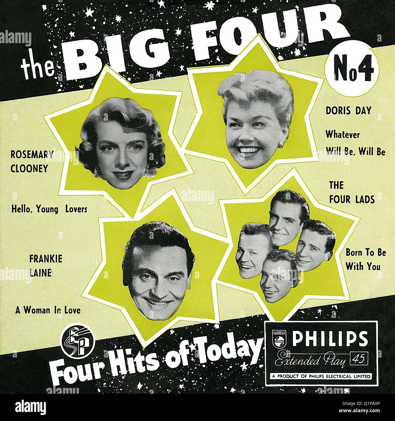 Front cover of the record sleeve for the UK 45 rpm vinyl E.P. The Big Foue: No. 4 by Rosemary Clooney, Doris Day, Frankie Laine and The Four Lads. Issued on the Philips label in December 1956. Stock Photo