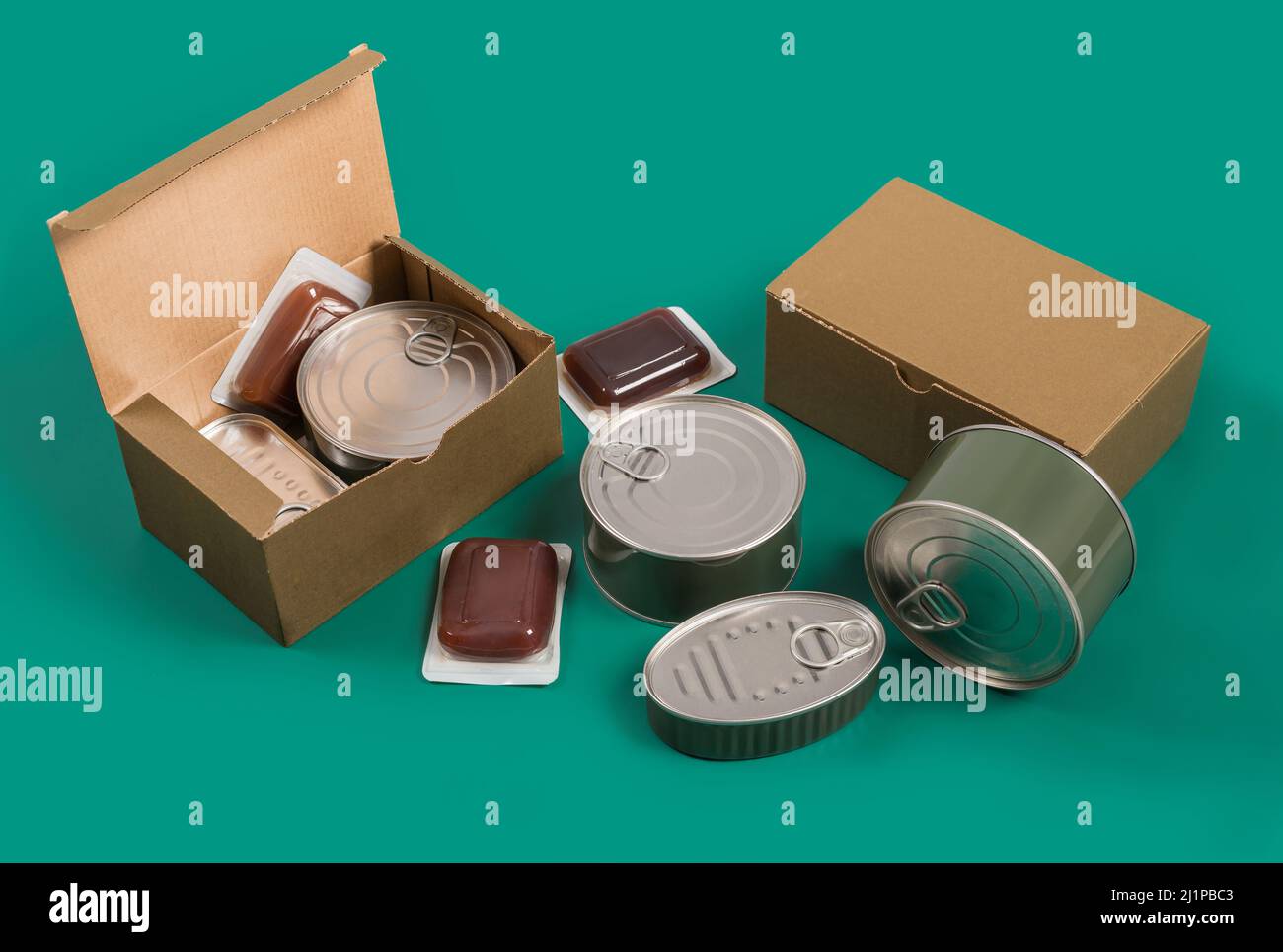Canned food set, terrines cardboard boxes on green background. Stock Photo