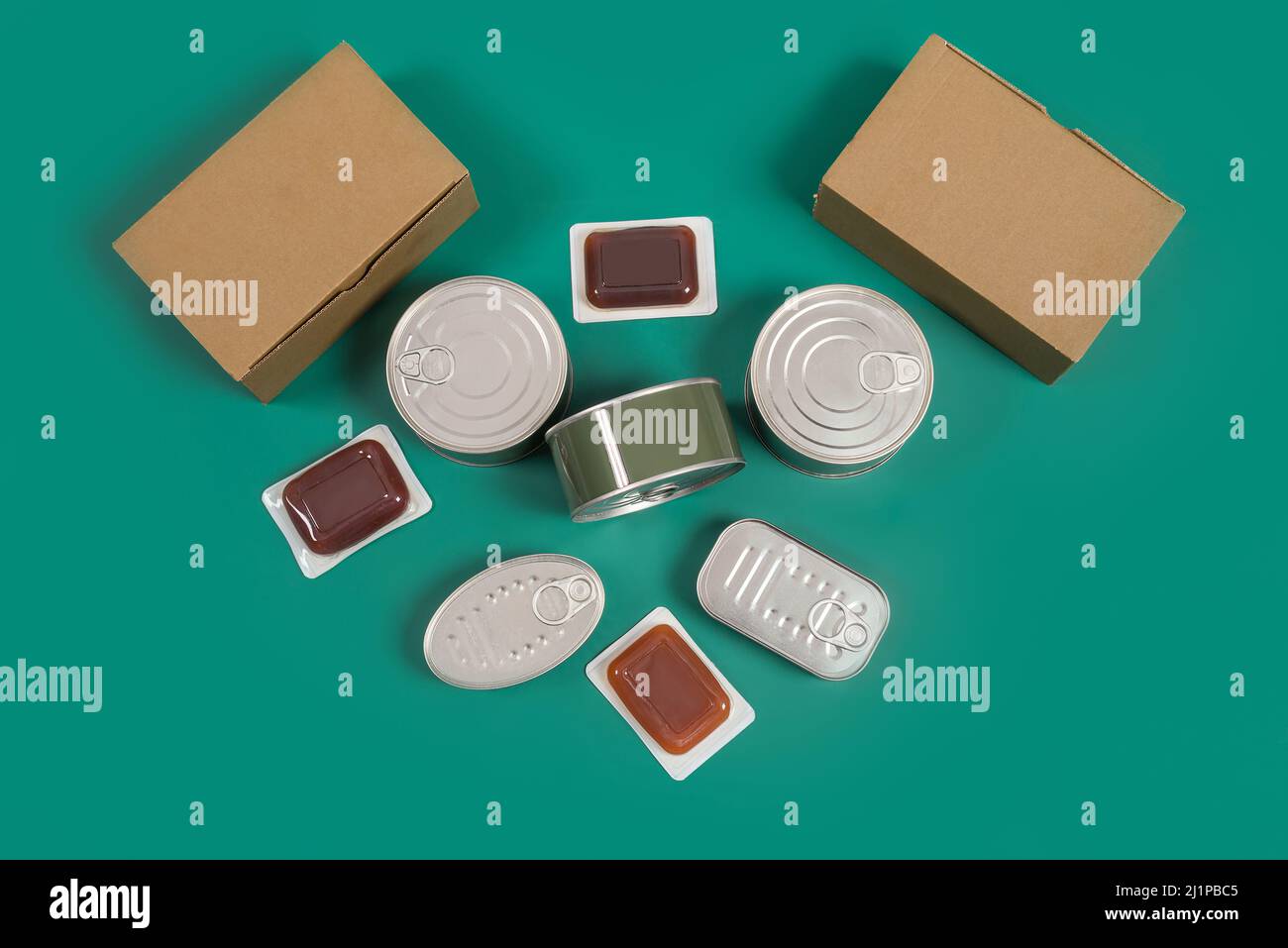 Canned food set, terrines cardboard boxes on green background. Stock Photo