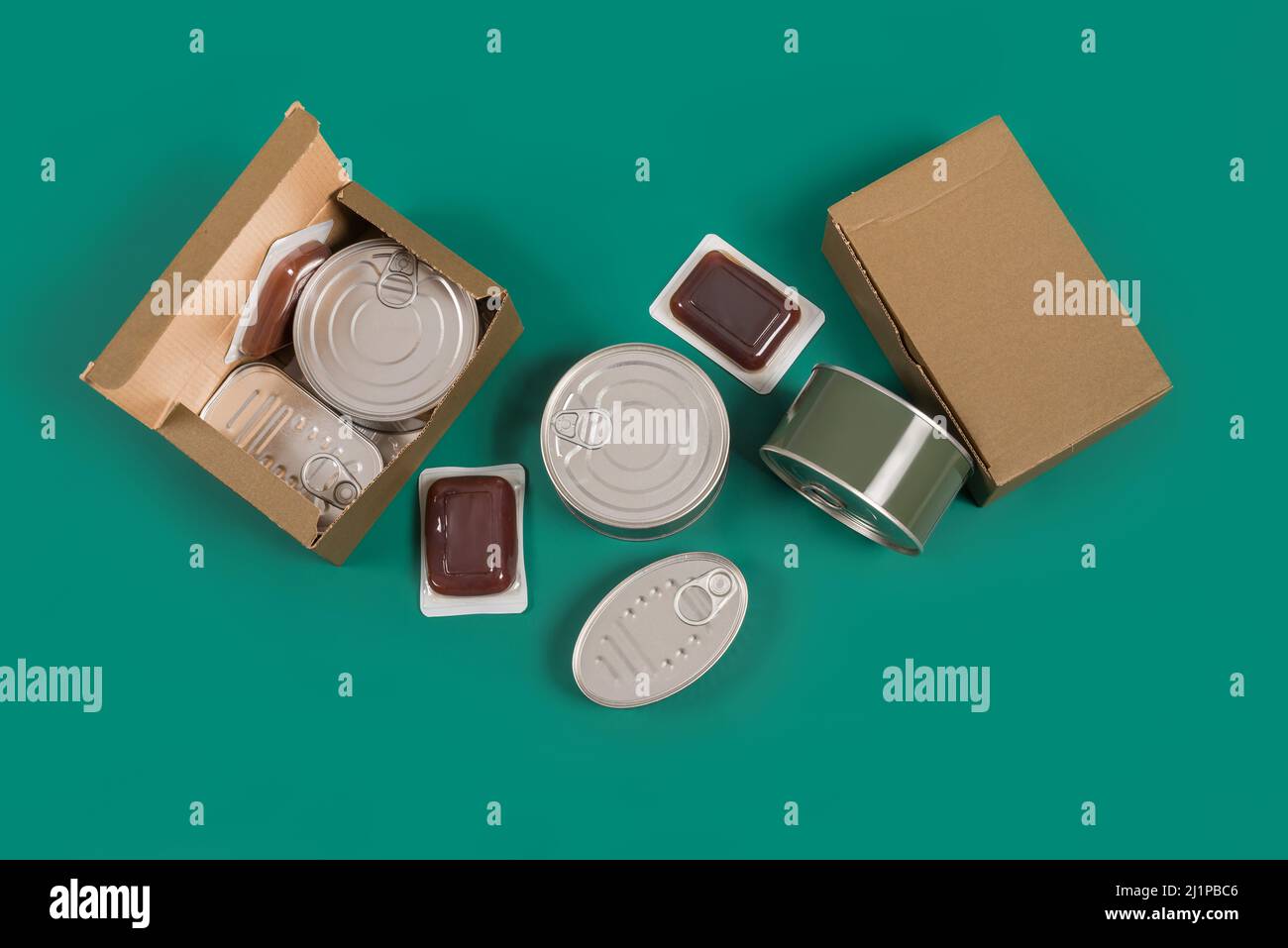 Canned food set, terrines cardboard boxes on green background. Stock Photo