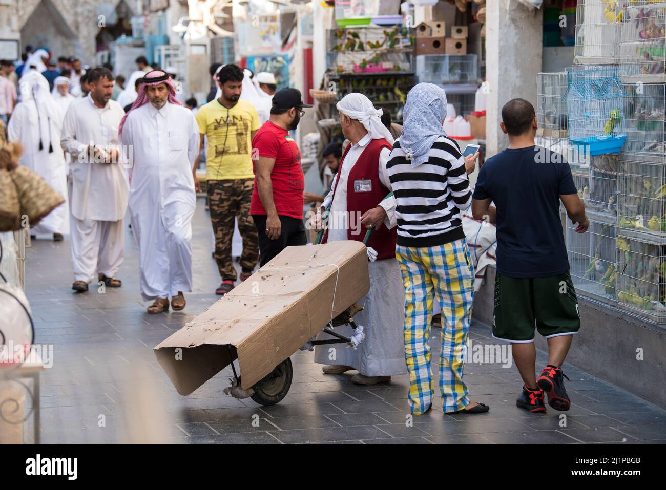 Doha,Qatar March 05, 2022 Street with pet shops within old market