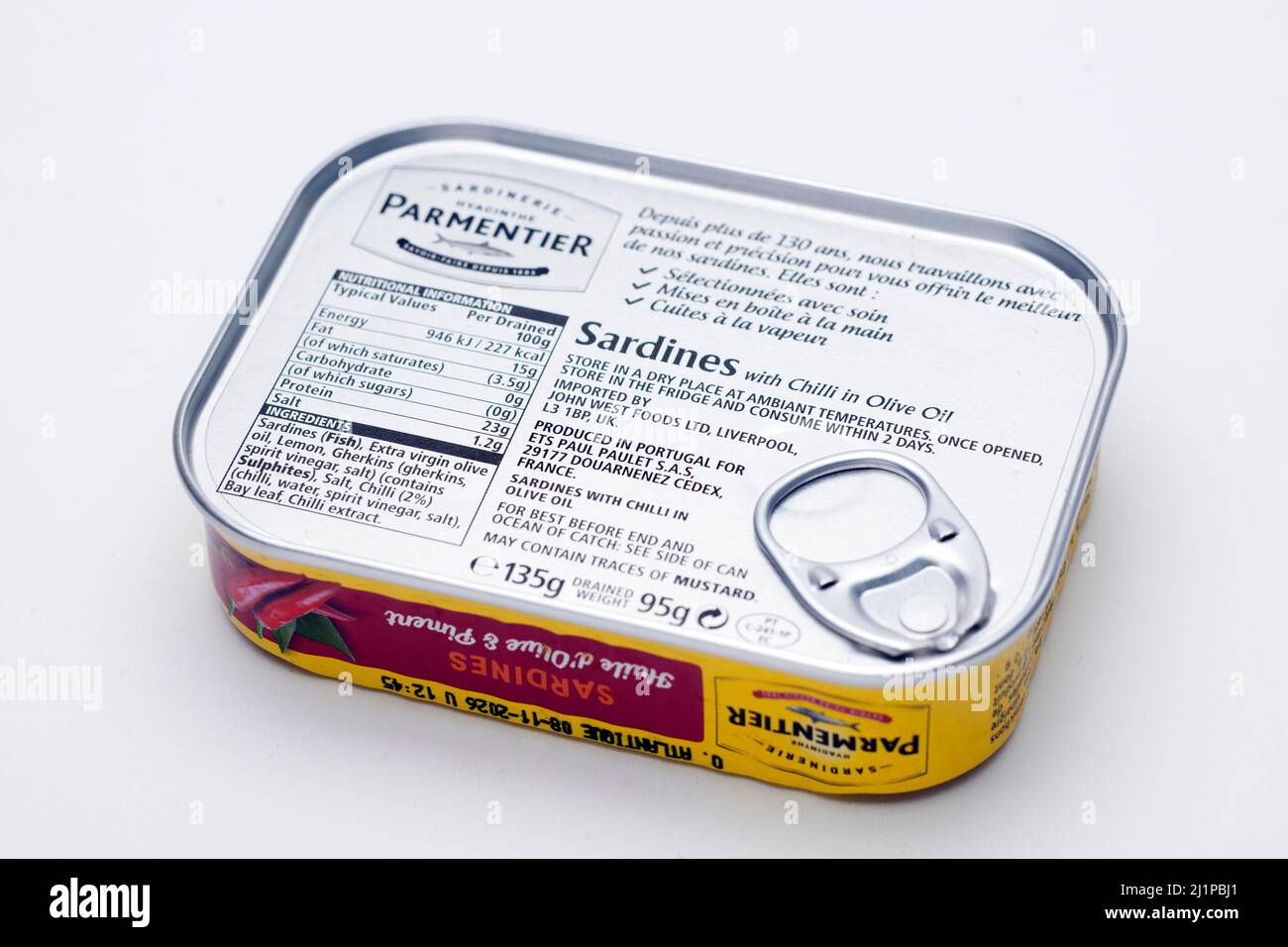 Tin of Parmentiet Sardines in Chilli and olive oil Stock Photo