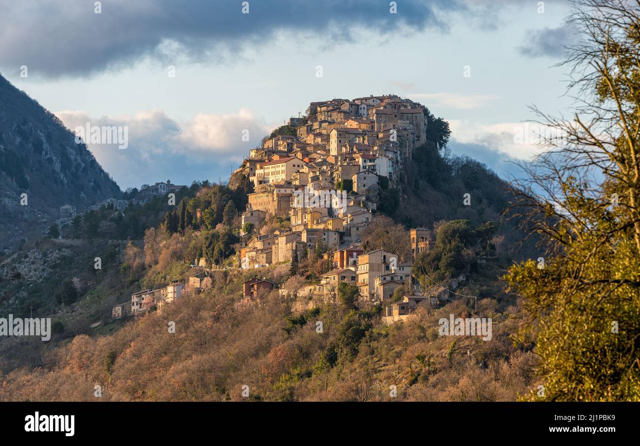 The scenographic village of Rocca Canterano in the late afternoon, in the Province of Rome, Lazio, central Italy. Stock Photo