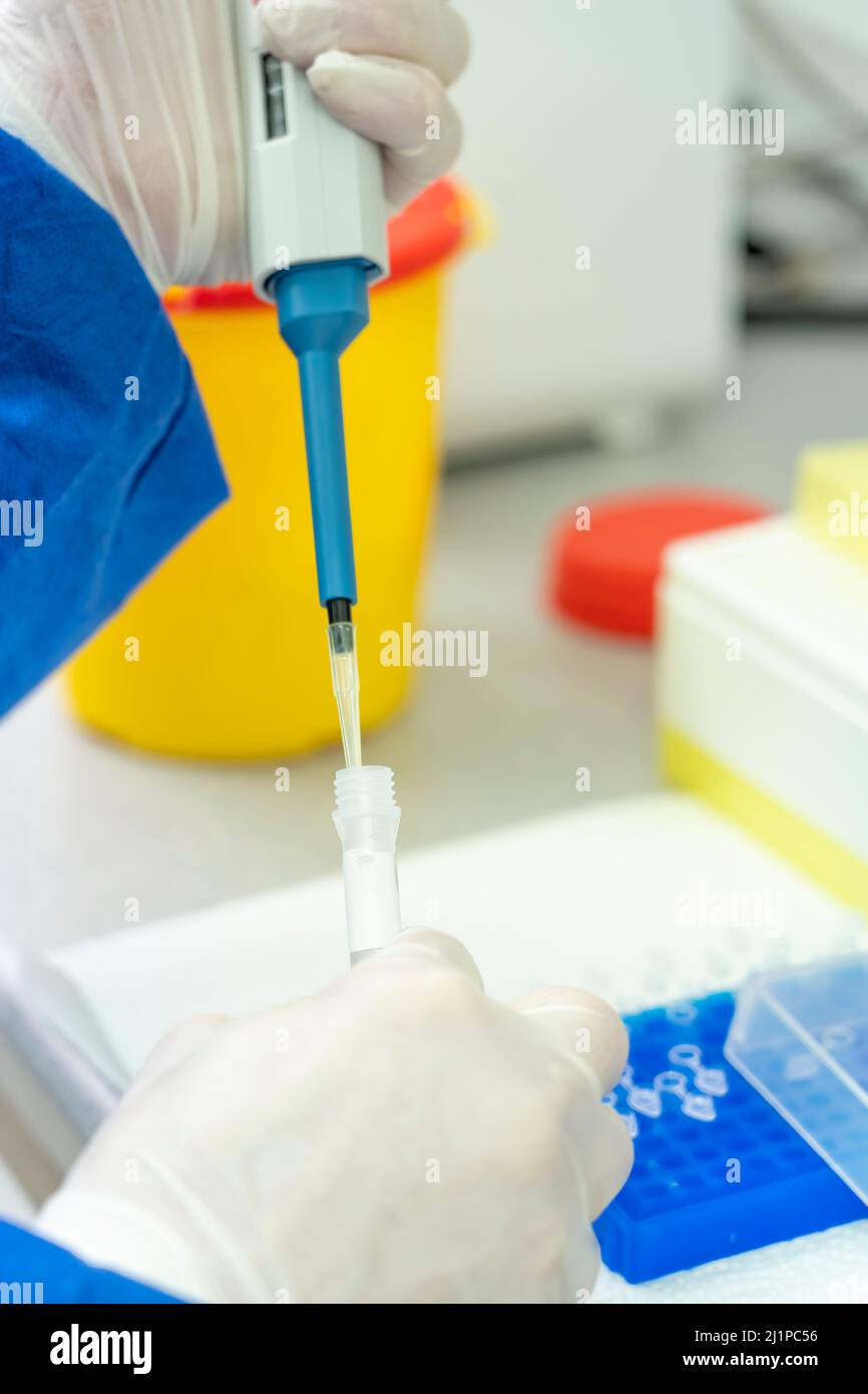 Hand in laboratory Air displacement micro pipettes filling a colorless