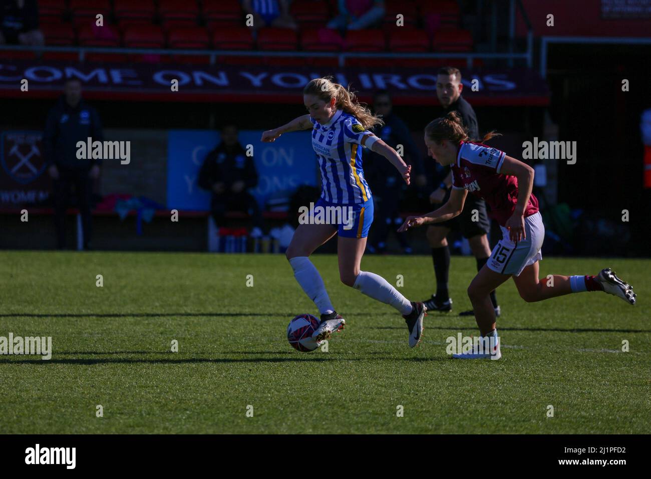 London, UK. 27th Mar, 2022. Megan Connolly (8 Brighton) in action during the FA Womens Super League game between West Ham Utd and Brighton at Chigwell Construction Stadium in London, England Credit: SPP Sport Press Photo. /Alamy Live News Stock Photo