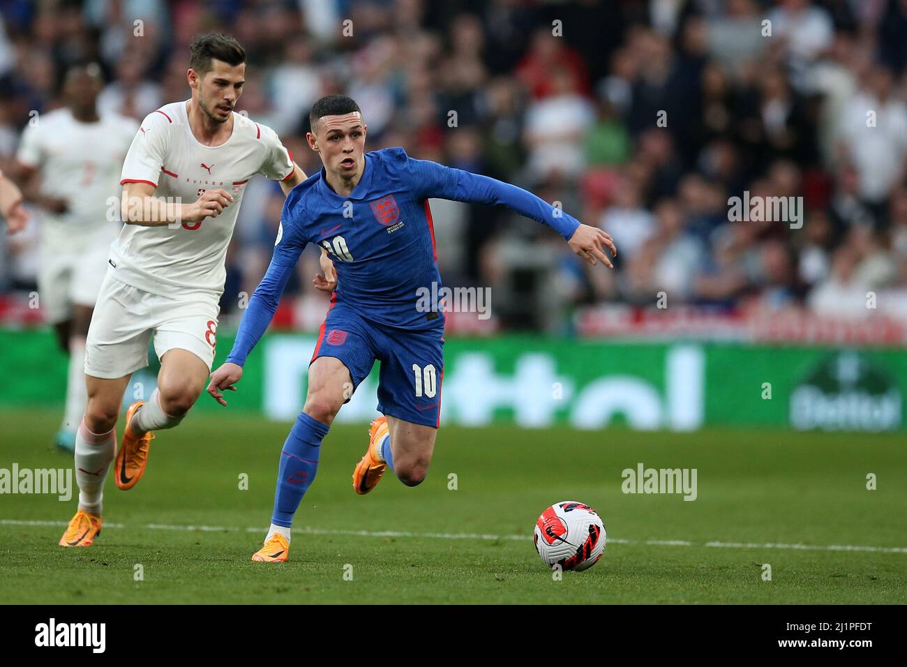 London, UK. 26th Mar, 2022. Phil Foden of England (10) in action. England v Switzerland, International football friendly designated Alzheimer's Society International match at Wembley Stadium in London on Saturday 26th March 2022. Editorial use only. pic by Andrew Orchard/Andrew Orchard sports photography/Alamy Live News Credit: Andrew Orchard sports photography/Alamy Live News Stock Photo