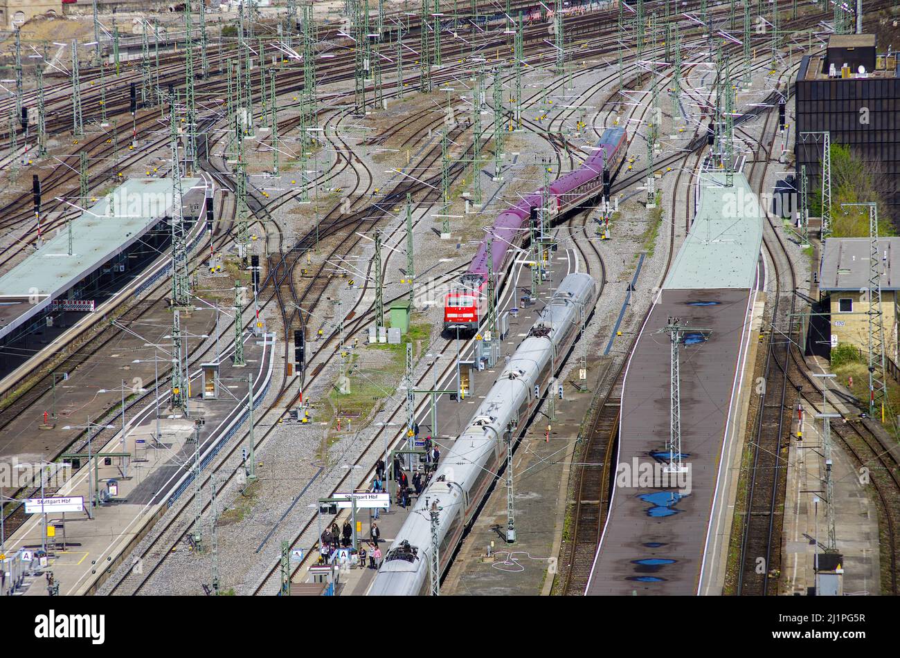 Stuttgart, Baden-Württemberg, Germany: Track and other railway traffic structures, Stuttgart Central Station, April 10, 2012. Stock Photo