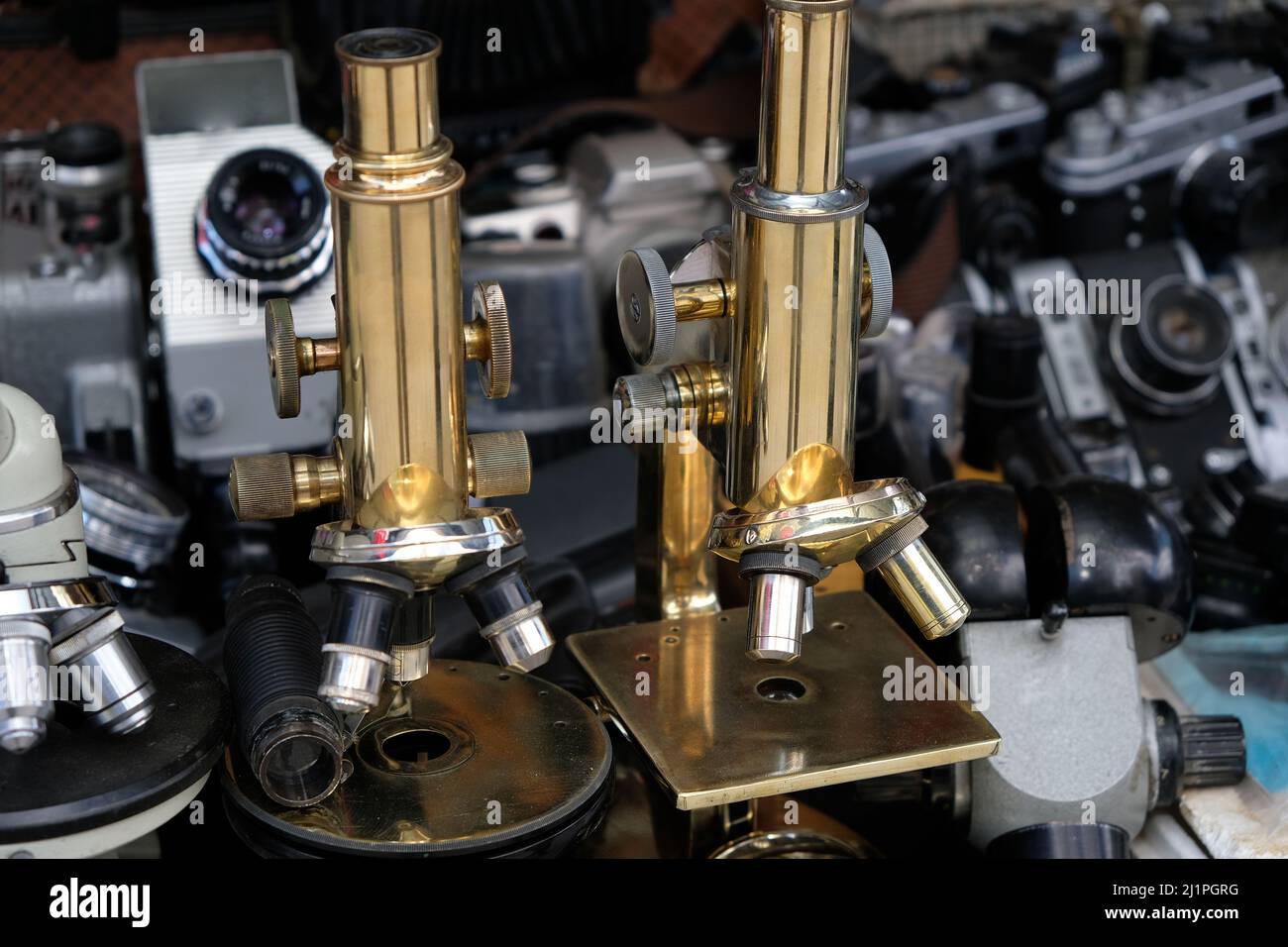 Vintage microscopes in the flea market Stock Photo