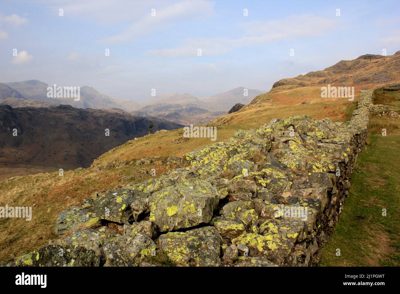 Looking towards Scafell and Bow Fell from Hardknott Fort, Lake District Stock Photo