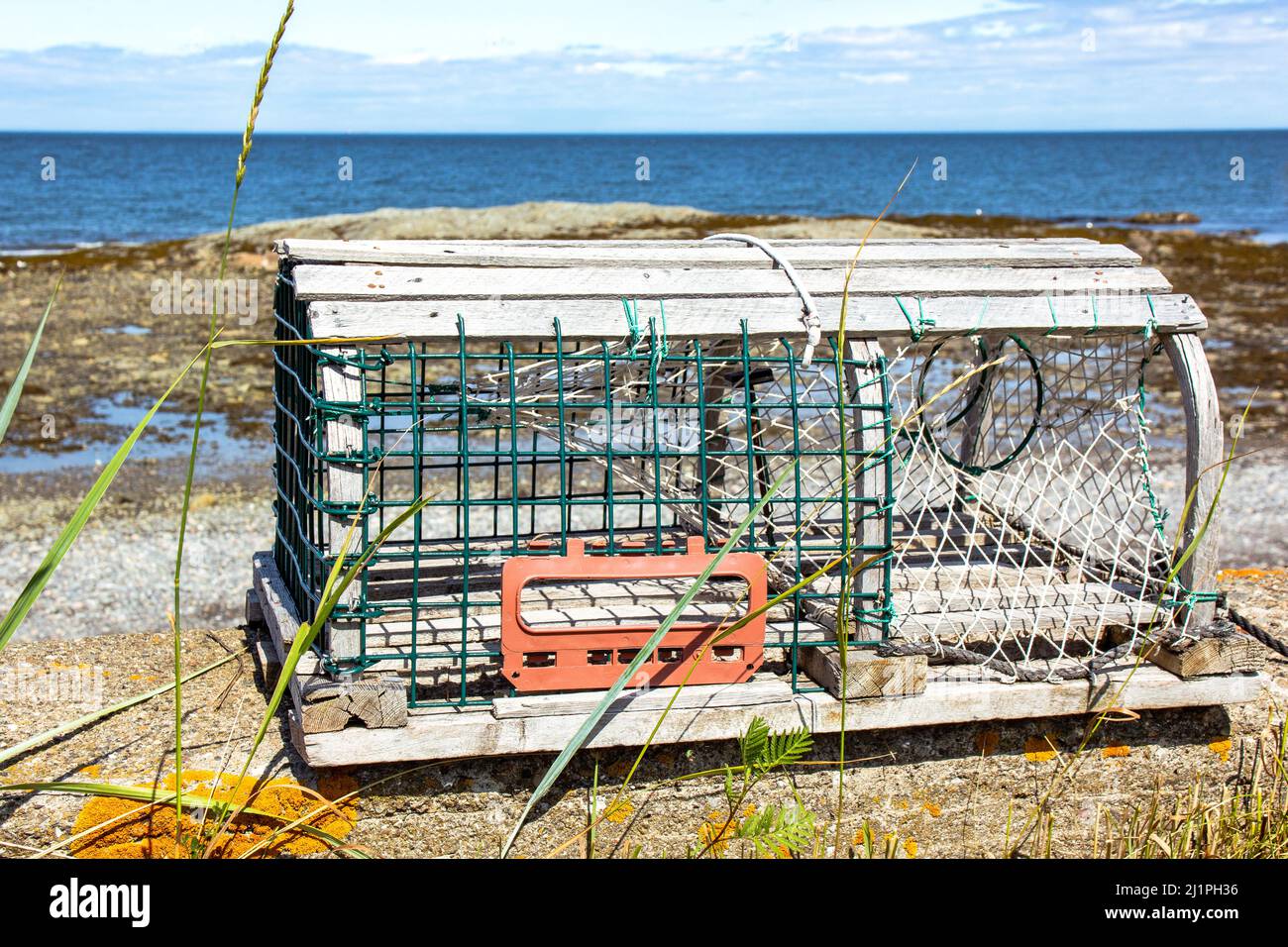 Lobster trap on the edge of St-Lawrence river, Quebec, Canada Stock Photo