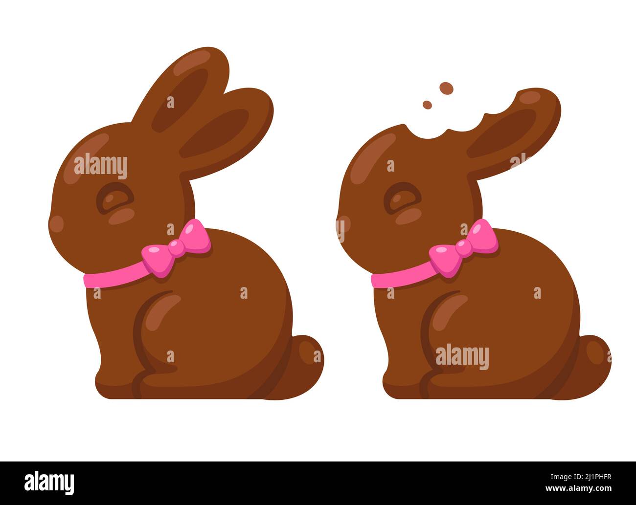 Cute chocolate bunny with with pink bow. Ear bite. Traditional Easter treat, isolated vector illustration. Stock Vector