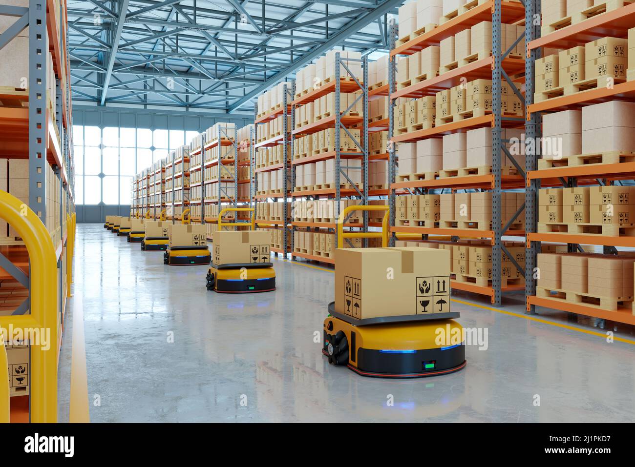 AGV (Automated guided vehicle) in warehouse logistic and transport.3d rendering Stock Photo