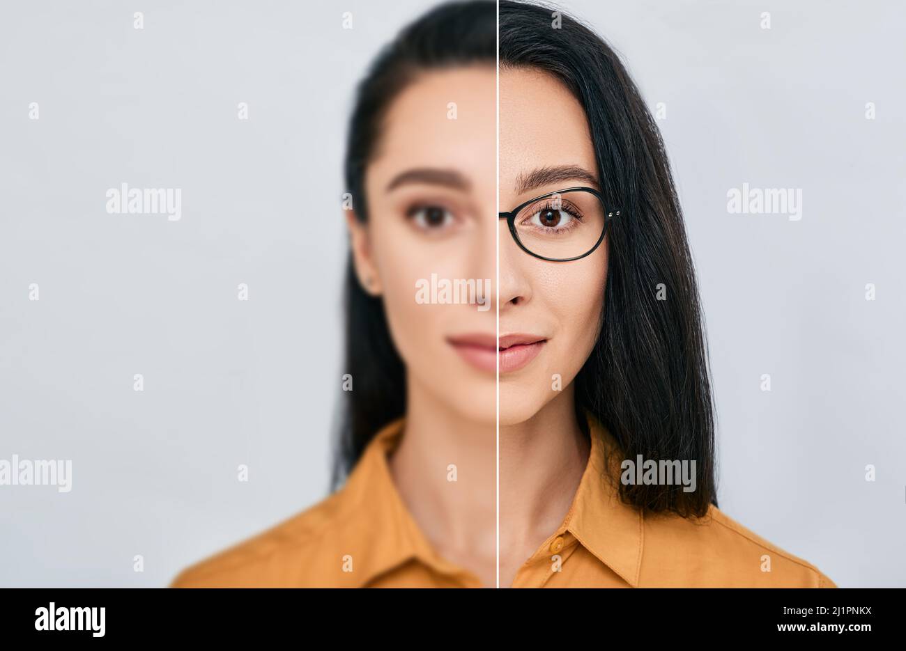 Vision correction using eyeglasses. A woman without and with glasses