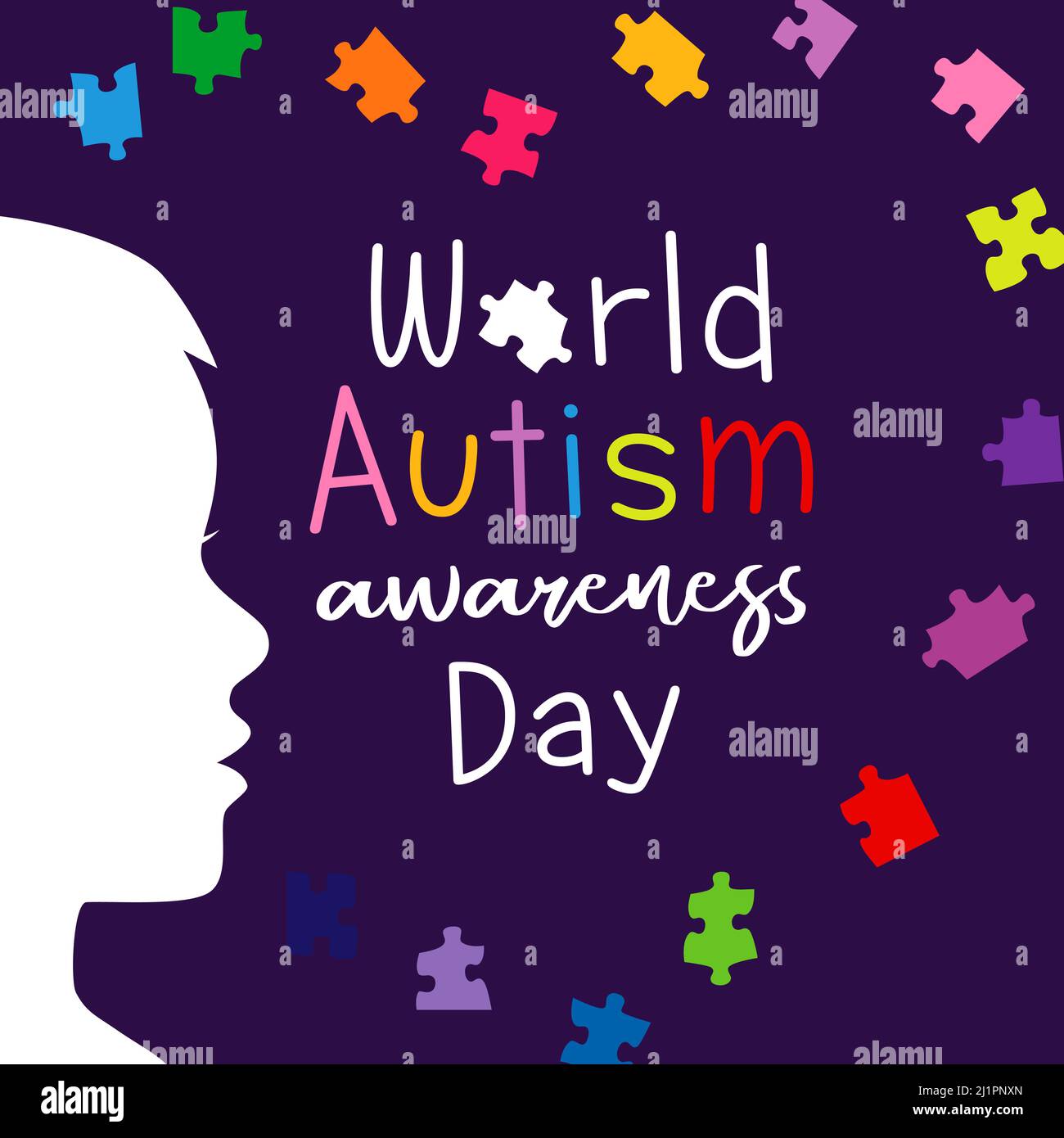 World Autism Awareness Day April 2, creative banner. 02 April holiday. Colorful puzzles, heart and kids face. Isolated abstract graphic design templat Stock Vector