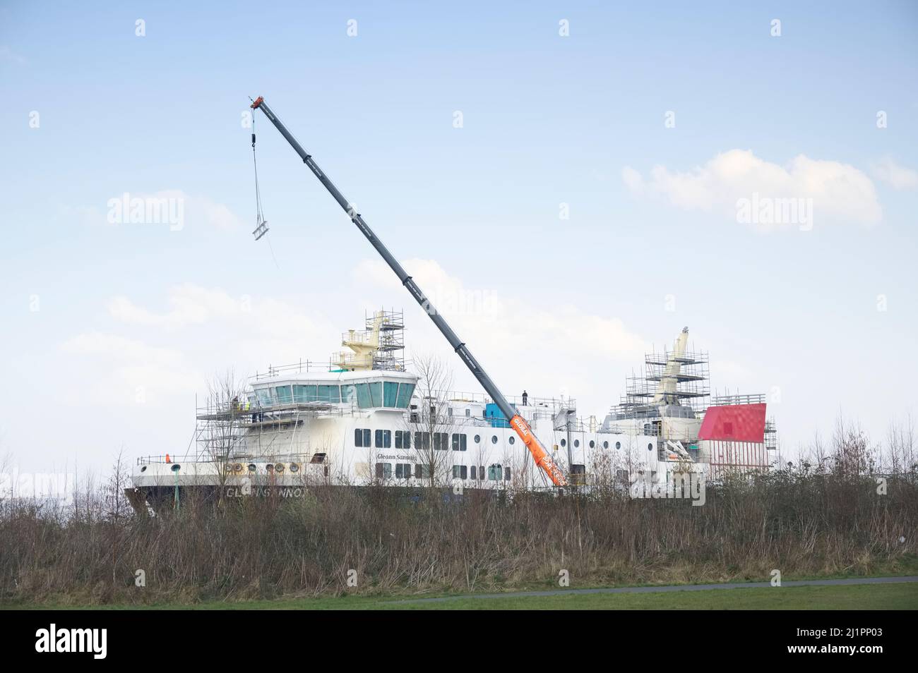 Port Glasgow, Scotland, UK, March 23rd 2022, Ferguson Marine shipyard and the progress of new Calmac ferry named Glen Sannox Stock Photo