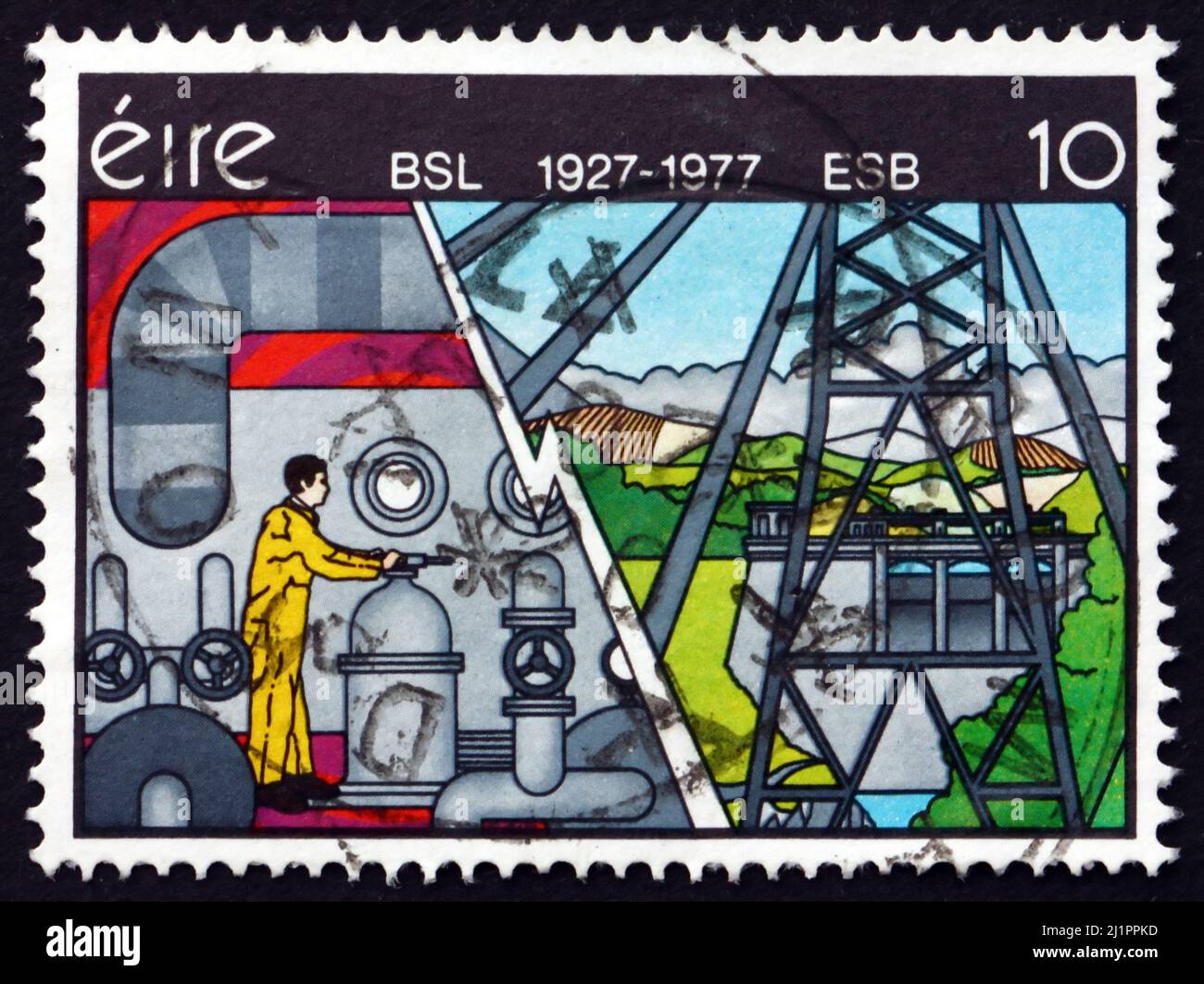 IRELAND - CIRCA 1977: a stamp printed in the Ireland shows Electricity, Mural by Robert Ballagh, 50th Anniversary of Electricity Supply Board, circa 1 Stock Photo
