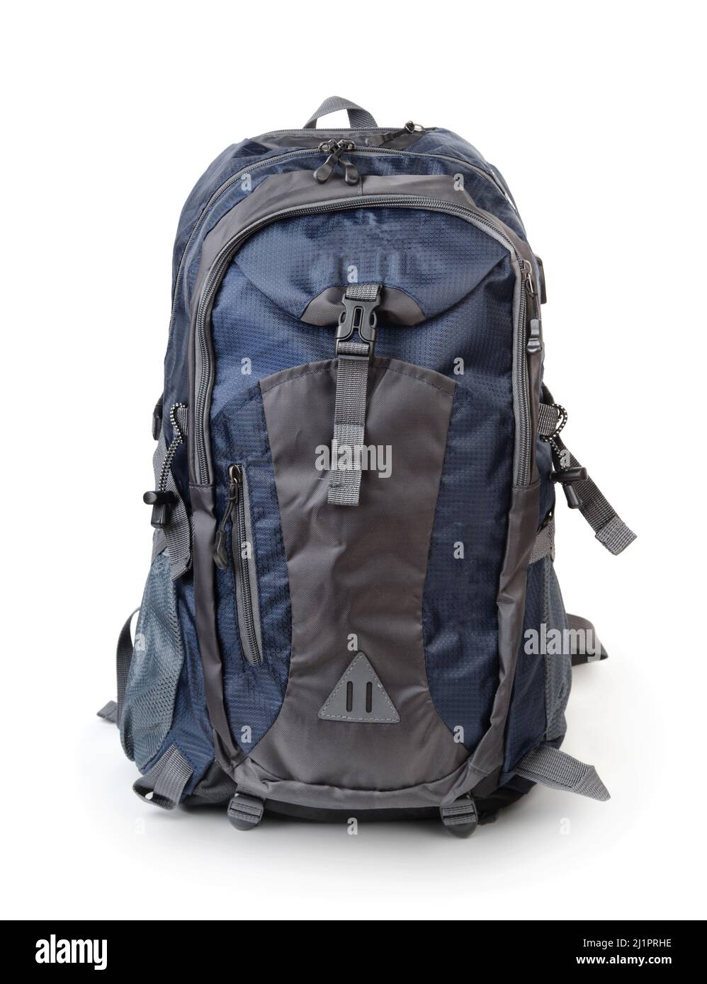 Blue trendy sport backpack isolated on white. Front view Stock Photo