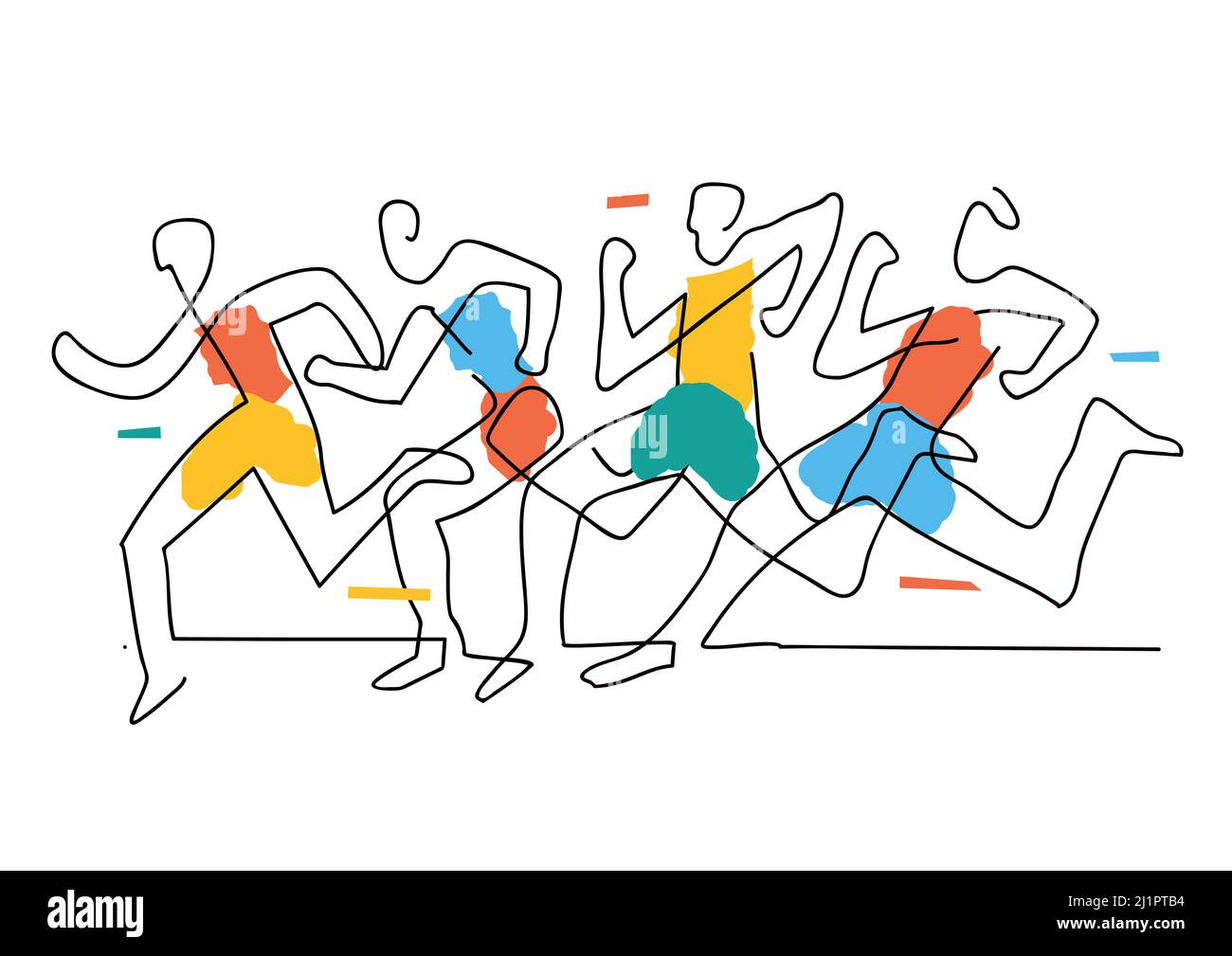 Running race, line art stylized. Expressive Illustration of group of running racers. Continuous line drawing design. Vector available. Stock Vector
