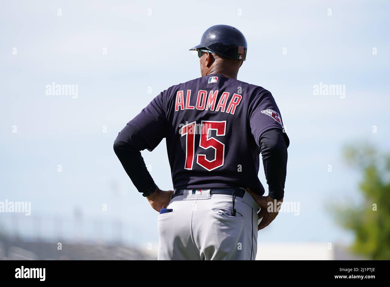 Scottsdale, United States. 25th Mar, 2022. Cleveland Guardians first base  coach Sandy Alomar (15) during a MLB spring training baseball game on  Friday Mar. 25, 2022, at Scottsdale Stadium in Scottsdale, Ariz. (