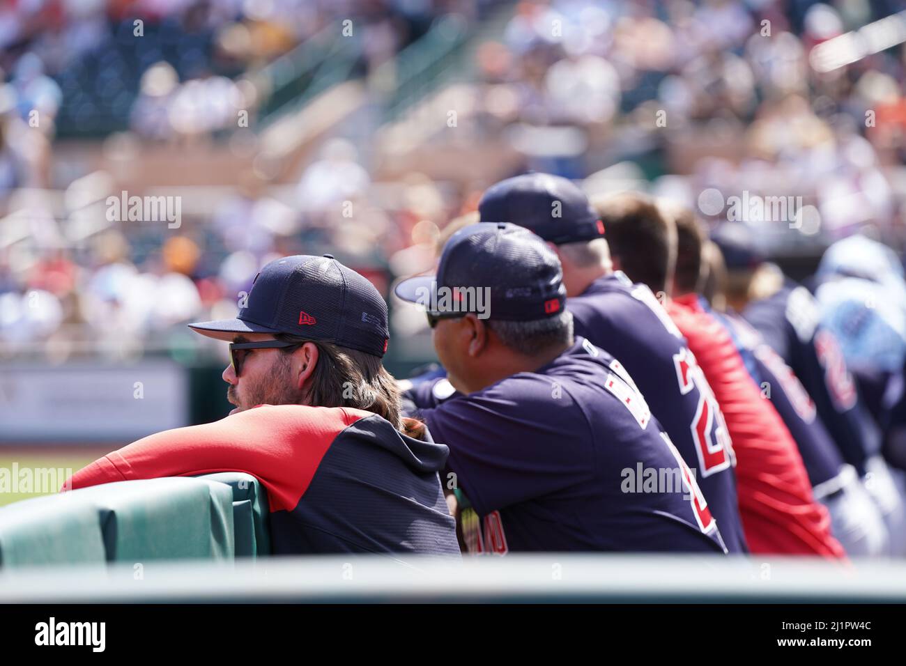 Scottsdale, United States. 25th Mar, 2022. Cleveland Guardians equipment in  the dugout hats and gloves during a MLB spring training baseball game on  Friday Mar. 25, 2022, at Scottsdale Stadium in Scottsdale