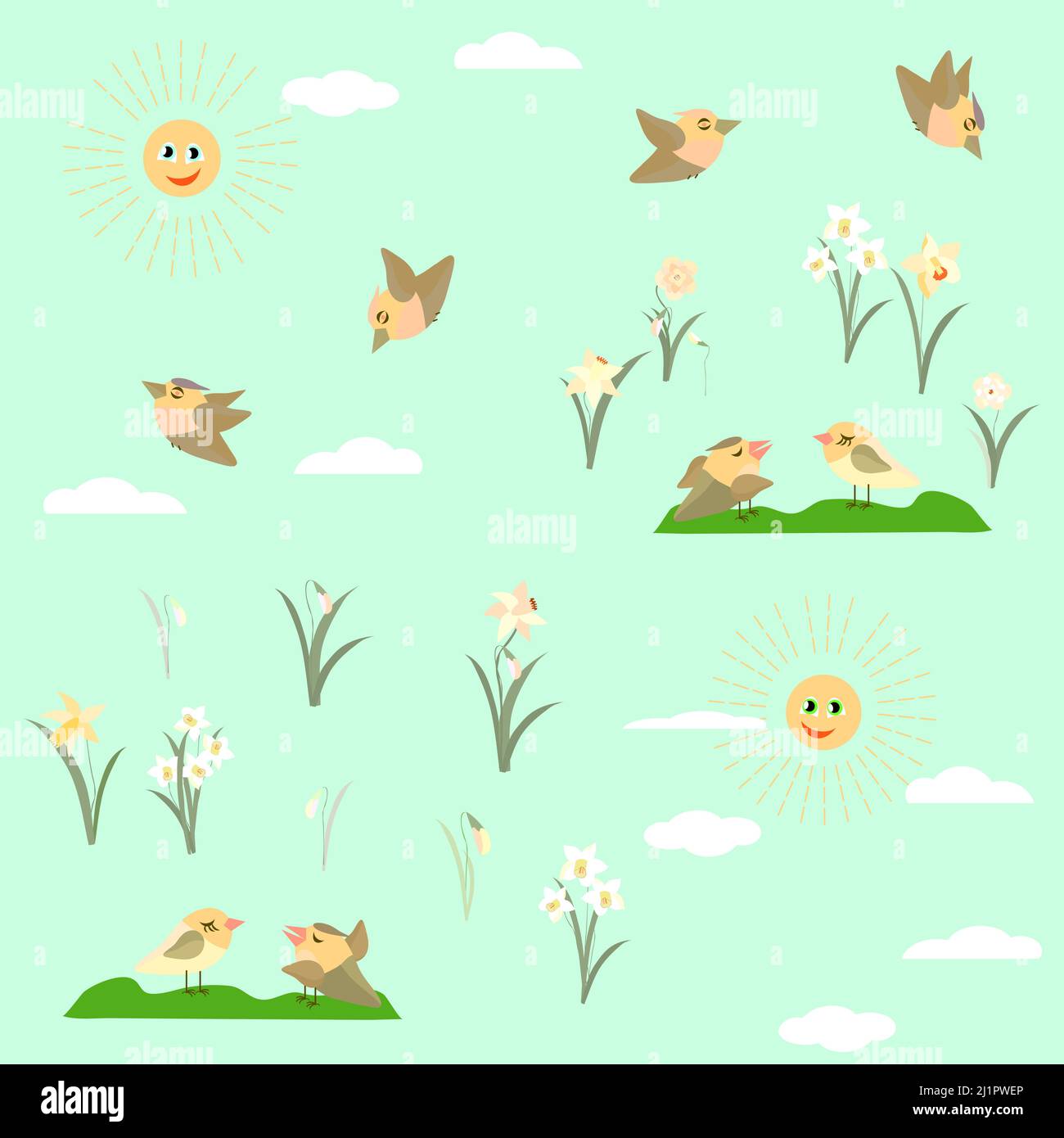 spring flowers daffodils and birds pattern no background Stock Vector