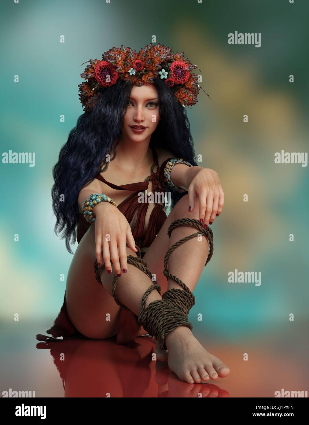 3d computer graphics of a girl with wreath of flowers on the head Stock Photo