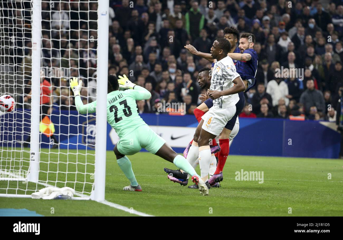 Olivier Giroud of France scores his goal despite goalkeeper of Ivory Coast Badra Ali Sangare during the International Friendly football match between France and Ivory Coast on March 25, 2022 at Stade Velodrome in Marseille, France - Photo: Jean Catuffe/DPPI/LiveMedia Stock Photo